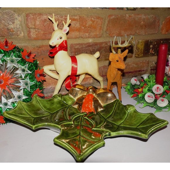 Vintage Ceramic Holly Serving Dish mcm Christmas candy dish retro 1970s - Picture 5 of 12